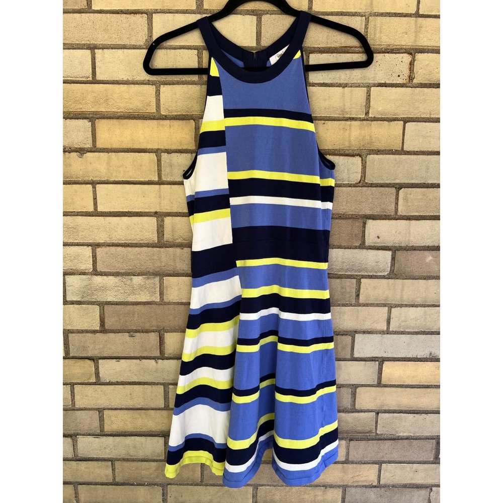 Parker Blue Yellow Striped High Neck Sleeveless Knit Fit & Flare Dress Size XS